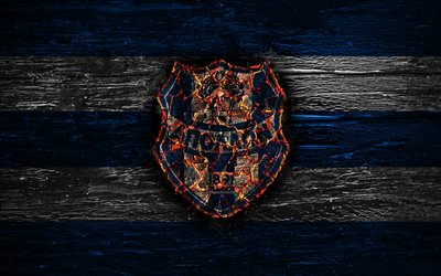Apollon Smyrni FC, yangın logo, Yunanistan S&#252;per Lig, mavi ve beyaz &#231;izgiler, Yunan Futbol Kul&#252;b&#252;, grunge, futbol, Apollon Smyrni logo, ahşap doku, Yunanistan