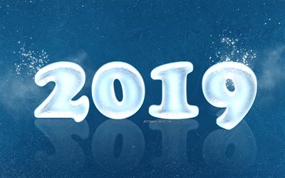 2019 year, ice letters, Happy New Year, winter landscape, ice texture, 2019 concepts, 2019 ice background, postcard, snow, winter