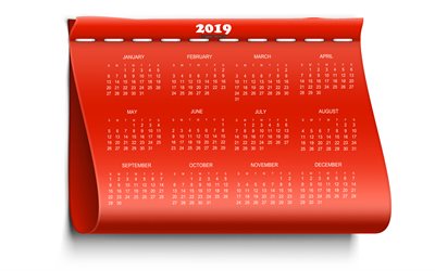 Calendrier pour 2019, rouge &#233;l&#233;ment, 2019 rouge de calendrier, 2019, tous les mois, 2019 calendrier