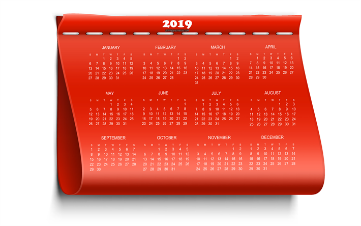 Kalenteri 2019, punainen elementti, 2019 punainen kalenteri, 2019, kaikki kuukautta, 2019 kalenteri