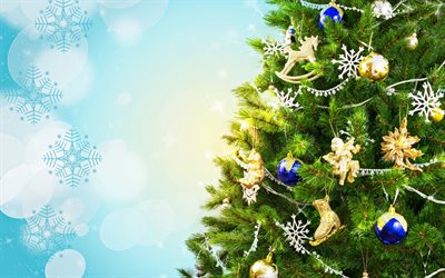 Christmas tree, golden angels, white balls, new year, blue christmas background