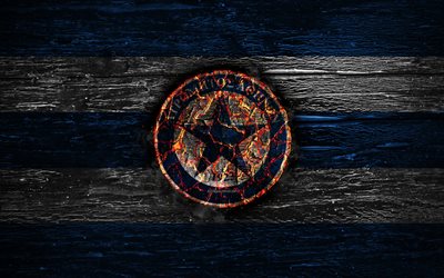 Atromitos FC, fire logo, Greece Super League, blue and white lines, greek football club, grunge, football, soccer, Atromitos logo, wooden texture, Greece