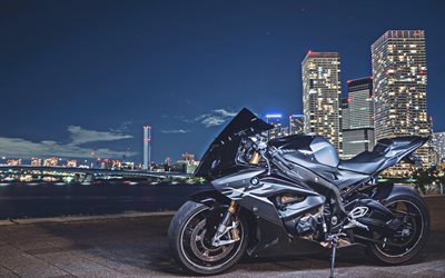 4k, BMW S1000RR, la nuit, 2018 de vélos, de rue, de superbike, gris S1000RR, motos allemandes, BMW