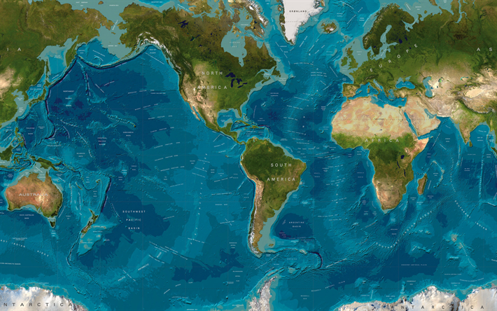 World map, continents and oceans, relief, geographical map of the world, Earth, geography