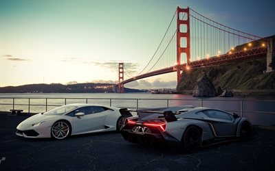 Lamborghini Veneno, 2018, Lamborghini Huracan, Gran Turismo Sport, Supercars, USA, Golden Gate Bridge, racing cars