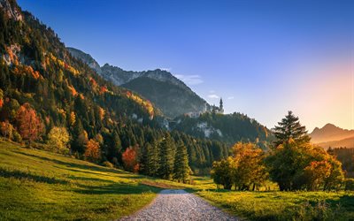 Neuschwanstein castle, german landmarks, autumn, Hohenschwangau, Alps, Schwangau, Germany, Bavaria, Europe, Neuschwanstein in autumn