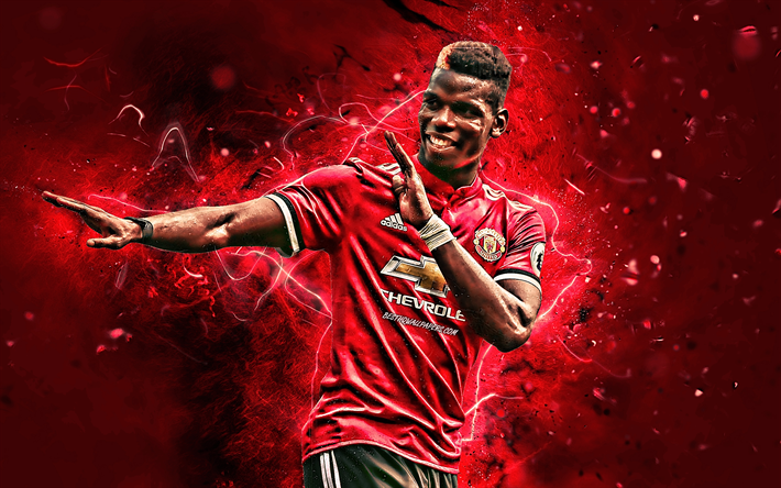 Paul Pogba, personal celebration, Manchester United FC, goal, french footballers, neon lights, midfielder, Premier League, Pogba, soccer, football, Man United