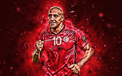 Wahbi Khazri, red uniform, Tunisia National Team, fan art, goal, Khazri, soccer, footballers, neon lights, Tunisian football team