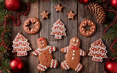 クッキーのクリスマス, お菓子, 新年, クリスマス, 焼, 木の背景, メリークリスマス