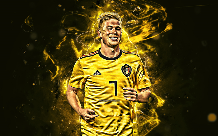 Kevin De Bruyne, gul uniform, Belgiska Landslaget, fan art, De Bruyne, fotboll, fotbollsspelare, neon lights, Belgisk fotboll