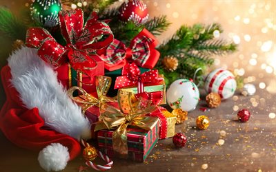 Regali di natale, fiocchi di seta, Nuovo Anno, regali, Natale, vacanze invernali
