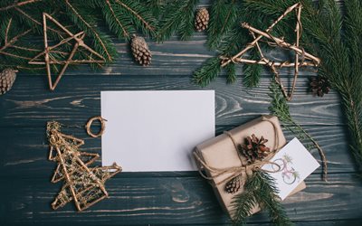 Kartpostal i&#231;in ahşap Noel arka plan, beyaz kağıt, yaratıcı ahşap Noel ağacı, dekorasyon, arka plan