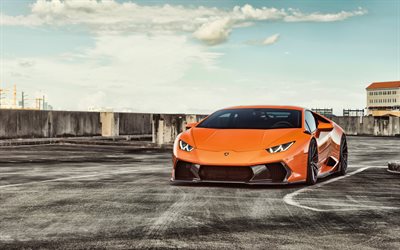 4k, Lamborghini Huracan, parking, supercars, 2018 voitures, hypercars, tuning, Orange Huracan, Lamborghini