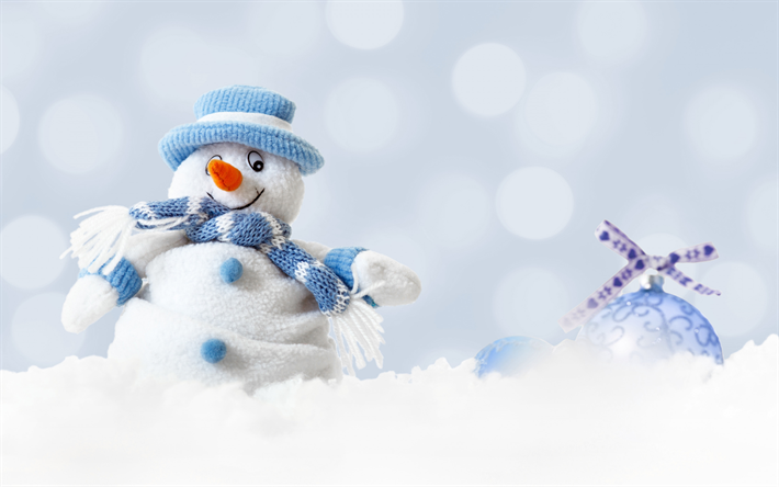 Download wallpapers snowman, blue christmas ball, winter, snow ...