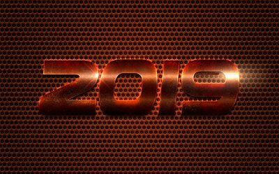2019 o ano, laranja a&#231;o letras, 2019 bronze de fundo, Feliz Ano Novo 2019, bronze malha de metal, 2019 conceitos, arte