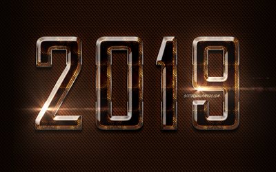 2019 brown glass digits, Happy New Year 2019, brown metal background, 2019 glass art, 2019 concepts, neon lights, 2019 on brown background, 2019 year digits