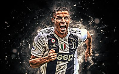 Juventus FC, Cristiano Ronaldo, iloa, CR7 Juve, Juventus, portugalilaiset jalkapalloilijat, Iloinen Ronaldo, abstrakti taide, jalkapallo, Serie, Ronaldo, neon valot, CR7