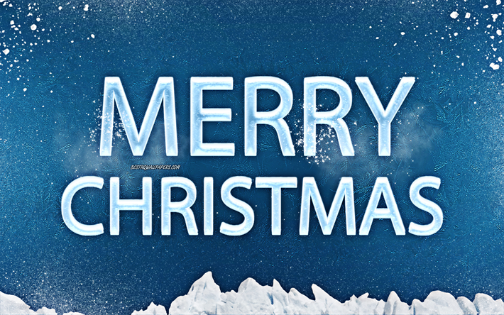 メリークリスマス, 冬の背景, 雪, 氷の文字, 冬の美術, 氷の質感, 新年, クリスマス, 青色の背景