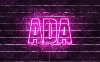 Ada, 4k, wallpapers with names, female names, Ada name, purple neon lights, horizontal text, picture with Ada name