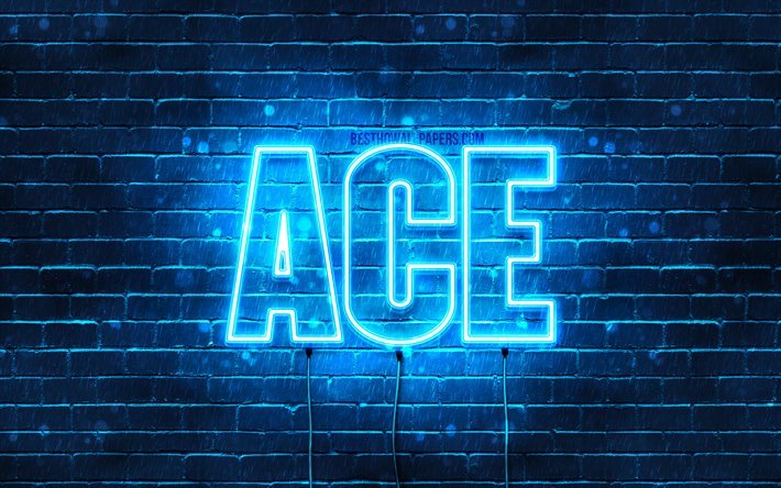 Ace, 4k, pap&#233;is de parede com os nomes de, texto horizontal, &#193;s nome, luzes de neon azuis, imagem com Ace nome