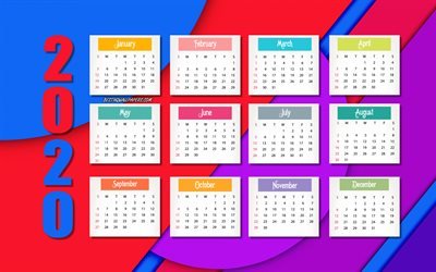 2020 Abstract calendar, all months, red-blue background, 2020 all months, 2020 concepts, creative art, 2020 calendar
