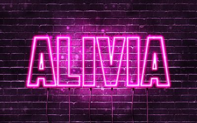 Alivia, 4k, wallpapers with names, female names, Alivia name, purple neon lights, horizontal text, picture with Alivia name