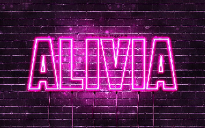 Alivia, 4k, pap&#233;is de parede com os nomes de, nomes femininos, Alivia nome, roxo luzes de neon, texto horizontal, imagem com Alivia nome