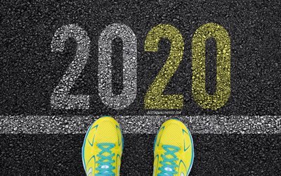 2020 New Year, asphalt, sports shoes, start of 2020, Happy New Year 2020, 2020 concepts, Happy New Year