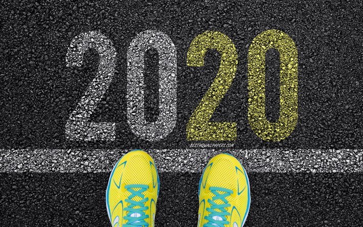 2020 Nouvel An, de l&#39;asphalte, des chaussures de sport, d&#233;but de 2020, bonne et Heureuse Ann&#233;e &#224; 2020, &#224; 2020 concepts, Heureuse Nouvelle Ann&#233;e