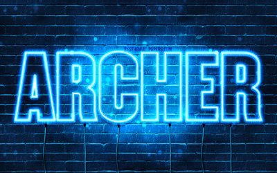 Archer, 4k, tapeter med namn, &#246;vergripande text, Archer namn, bl&#229;tt neonljus, bild med Skyttens namn