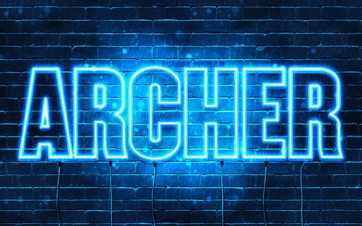 Archer, 4k, fondos de pantalla con los nombres, el texto horizontal, Arquero nombre, luces azules de ne&#243;n, imagen con Archer nombre