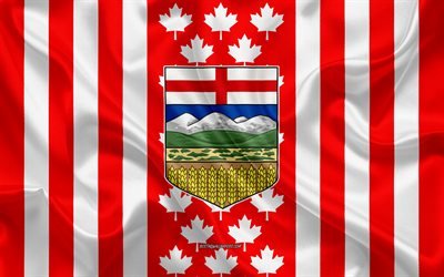 Coat of arms of Alberta, Canadian flag, silk texture, Alberta, Canada, Seal of Alberta, Canadian national symbols