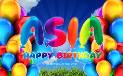 Asia Happy Birthday, 4k, cloudy sky background, popular italian female names, Birthday Party, colorful ballons, Asia name, Happy Birthday Asia, Birthday concept, Asia Birthday, Asia