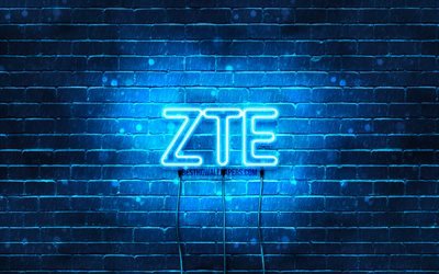 ZTE sininen logo, 4k, sininen brickwall, ZTE-logo, merkkej&#228;, ZTE neon-logo, ZTE