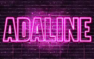 Adaline, 4k, wallpapers with names, female names, Adaline name, purple neon lights, horizontal text, picture with Adaline name