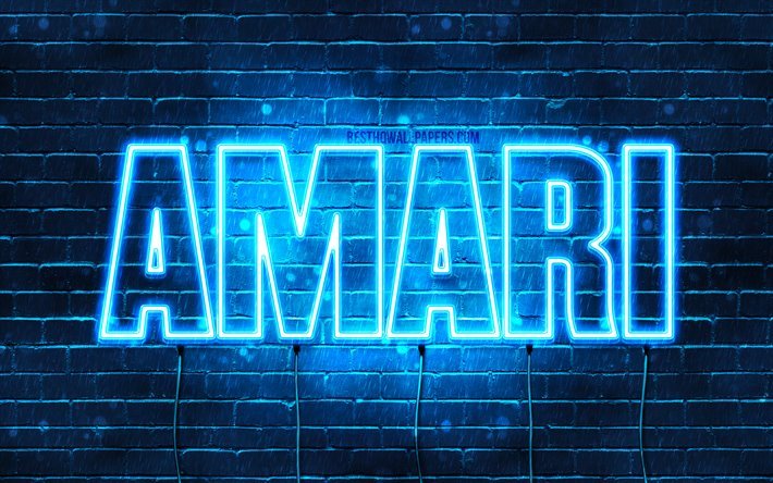 Amari, 4k, sfondi per il desktop con i nomi, il testo orizzontale, Amari nome, neon blu, immagine con nome Amari