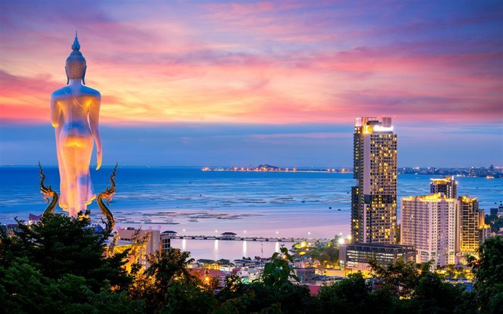 evening, ocean, sunset, statue, Thailand, cityscape, seascape