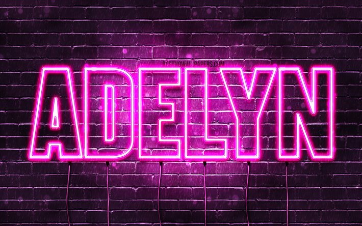 Adelyn, 4k, wallpapers with names, female names, Adelyn name, purple neon lights, horizontal text, picture with Adelyn name