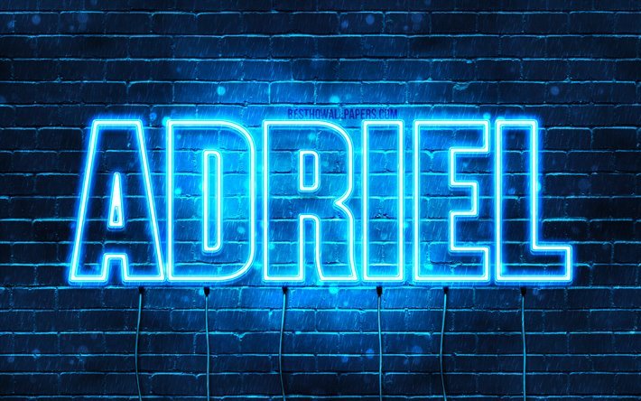Adriel, 4k, tapeter med namn, &#246;vergripande text, Adriel namn, bl&#229;tt neonljus, bild med Adriel namn