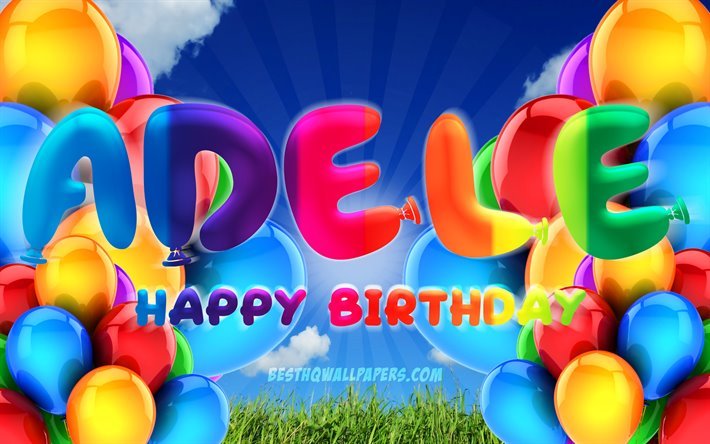 Adeleお誕生日おめで, 4k, 曇天の背景, 人気のイタリア女性の名前, 誕生パーティー, カラフルなballons, Adele名, お誕生日おめでAdele, 誕生日プ, Adele誕生日, Adele
