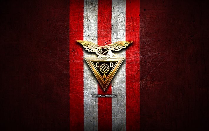 Aves FC, ouro logotipo, Primeira Liga, vermelho de metal de fundo, futebol, CD Aves, portuguesa futebol clube, Aves logotipo, Portugal