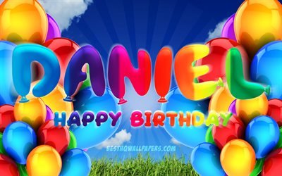 Daniel Happy Birthday, 4k, cloudy sky background, popular italian male names, Birthday Party, colorful ballons, Daniel name, Happy Birthday Daniel, Birthday concept, Daniel Birthday, Daniel