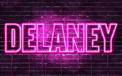 Delaney, 4k, taustakuvia nimet, naisten nimi&#228;, Delaney nimi, violetti neon valot, vaakasuuntainen teksti, kuva Delaney nimi