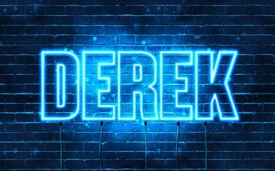 Derek, 4k, sfondi per il desktop con i nomi, il testo orizzontale, Derek nome, neon blu, immagine con nome Derek