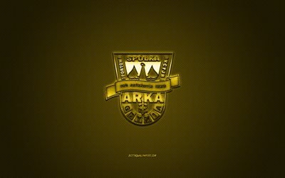 Arka Gdynia, Polish football club, Ekstraklasa, yellow logo, yellow carbon fiber background, football, Gdynia, Poland, Arka Gdynia logo