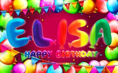 お誕生日おめでElisa, 4k, カラフルバルーンフレーム, 女性の名前, Elisa名, 紫色の背景, Elisaお誕生日おめで, Elisa誕生日, 人気のイタリア女性の名前, 誕生日プ, Elisa