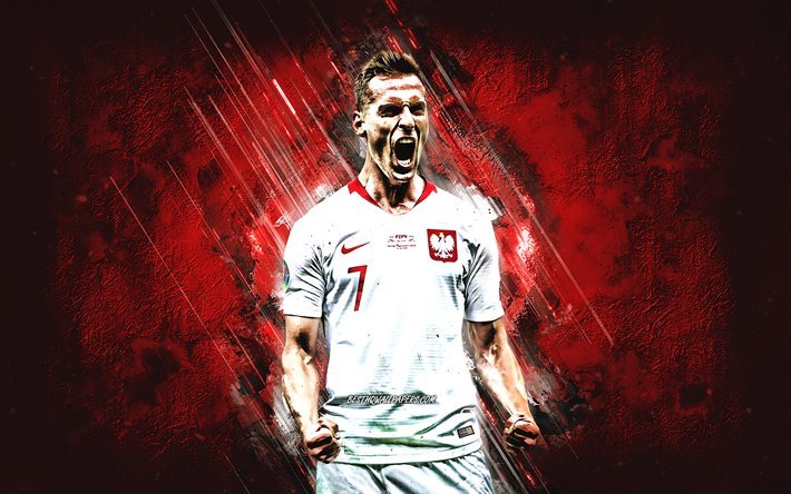 Arkadiusz Milik, Polish footballer, Poland national football team, portrait, red stone background, football, Poland