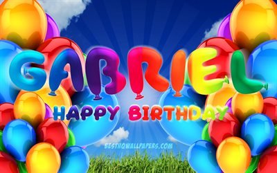 Gabriel Happy Birthday, 4k, cloudy sky background, popular italian male names, Birthday Party, colorful ballons, Gabriel name, Happy Birthday Gabriel, Birthday concept, Gabriel Birthday, Gabriel