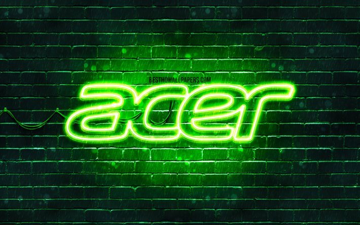 Acer logo vert, 4k, vert brickwall, Acer logo, marques, Acer n&#233;on logo Acer