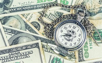 time is money, Pocket Watch on dollars, old watch, finance concepts, business, money, american dollars